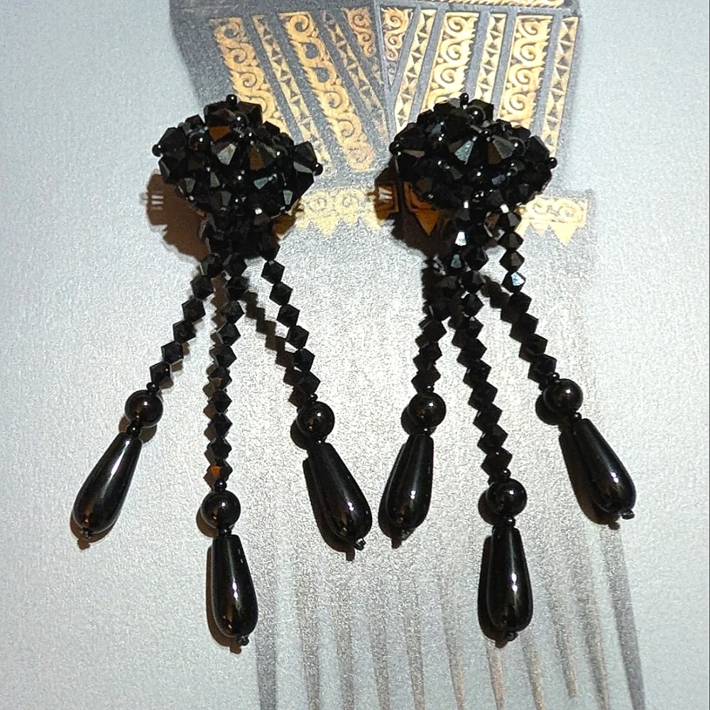 VTG French Jet Shoulder Brusher Earrings 3.5" !!! - Picture 5 of 7